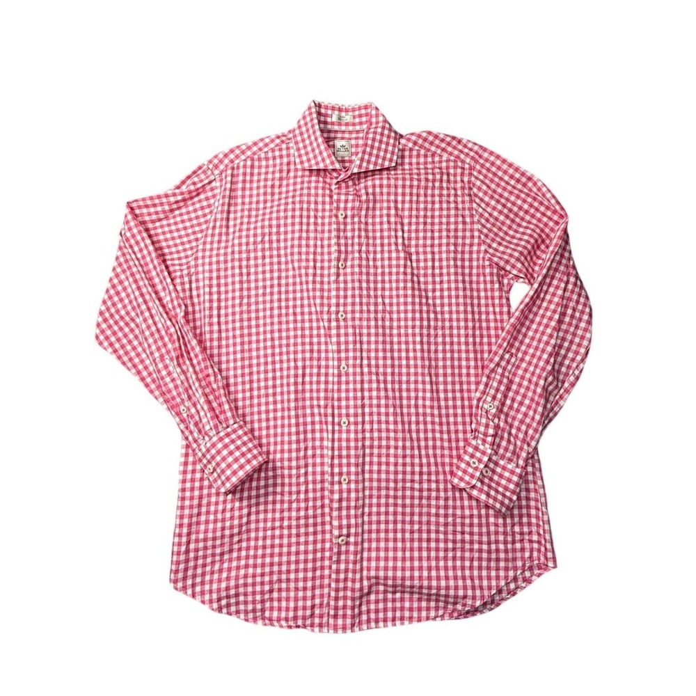 Peter Millar Mens Pink White Gingham Cotton Long Sleeve Button Down Shirt Large